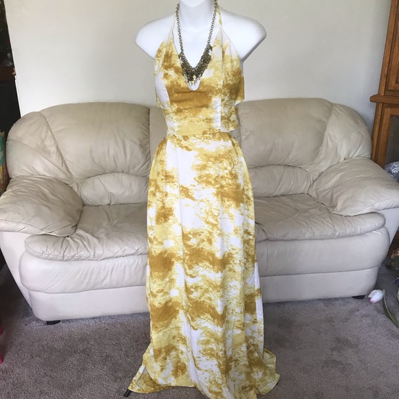Gold Tie Dye Sexy Backless Maxi Dress Maxi S M L - Picture 1 of 5